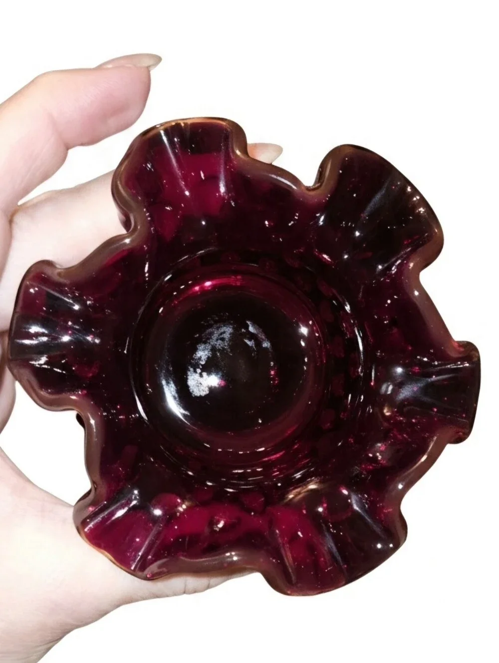 Pair of Vintage Fenton Ruby Red Hobnail Ruffled Mini Vase